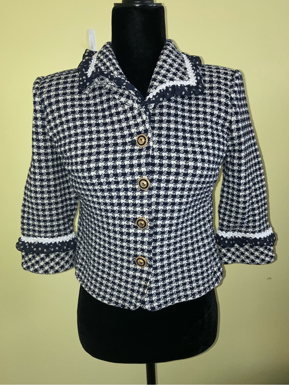 St. John Collection Luxury Knit Lady Jacket Blazer Sz 6 Houndstooth preppy navy
